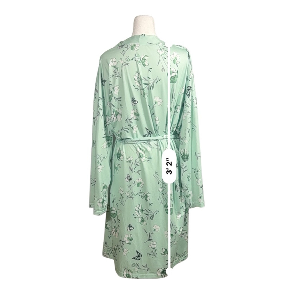 Size XL Women’s Light Green Floral Butterfly V-Neck Long Sleeve Tie Waist Robe - Picture 5 of 6